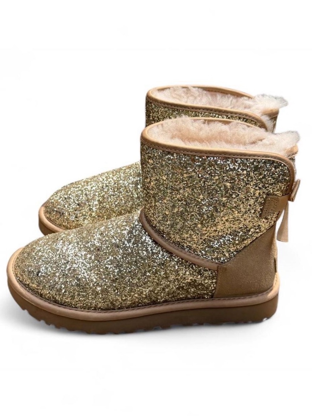 UGG Classic Mini Bow Cosmos Gold Glitter Boots Size 7 Rare NWOT